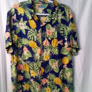 Tenth + Ocean Shirt Button Up Short Sleeve Tropical Pineapple Blue Green